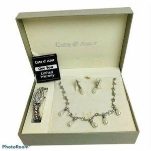 Cote D Azur Watch Necklace Earrings Set Silver Rhinestones Faux Pearls Vintage